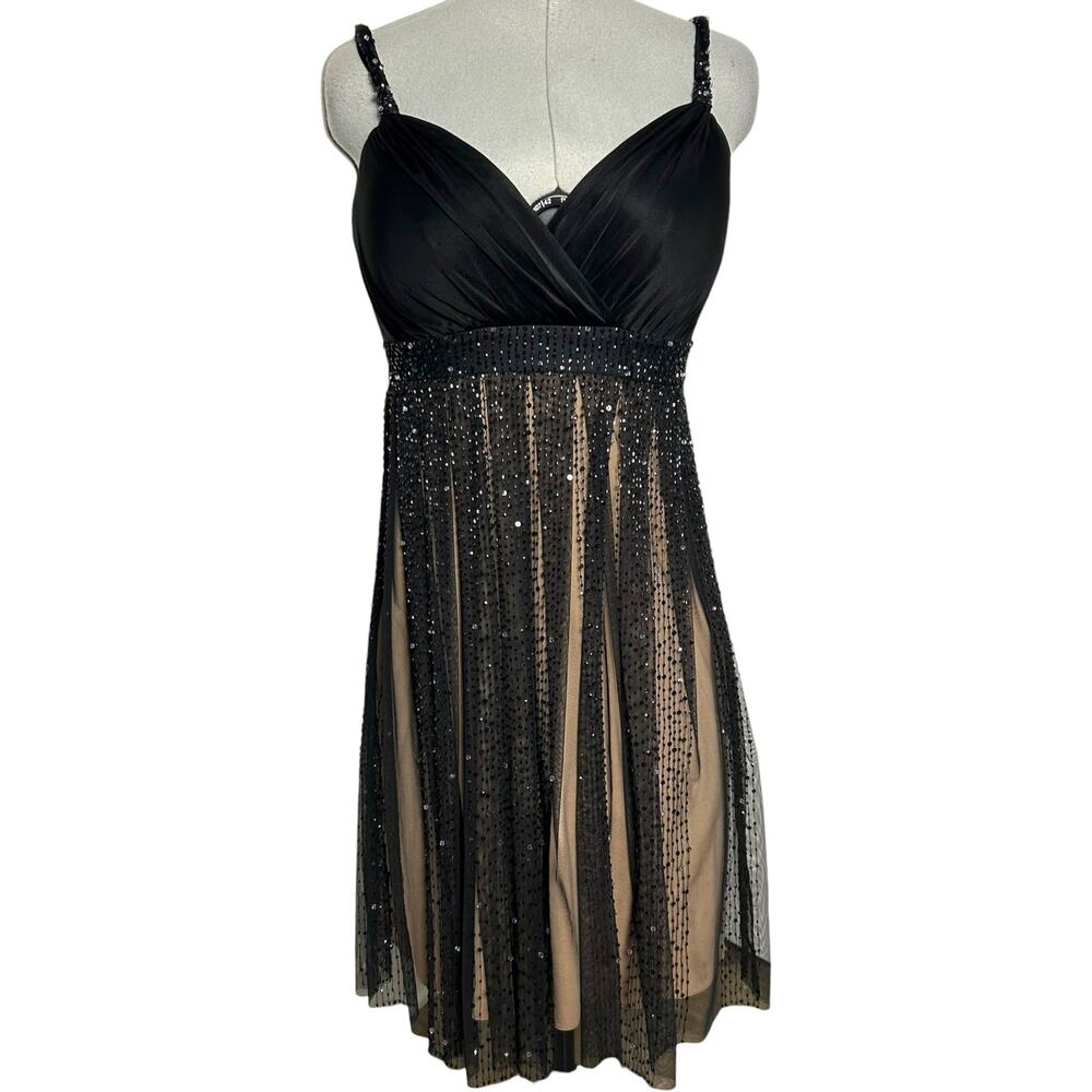 Y2K BCBG Max Azria Black & Tan Beaded Pleated Sleeveless Babydoll Dress Size 8P